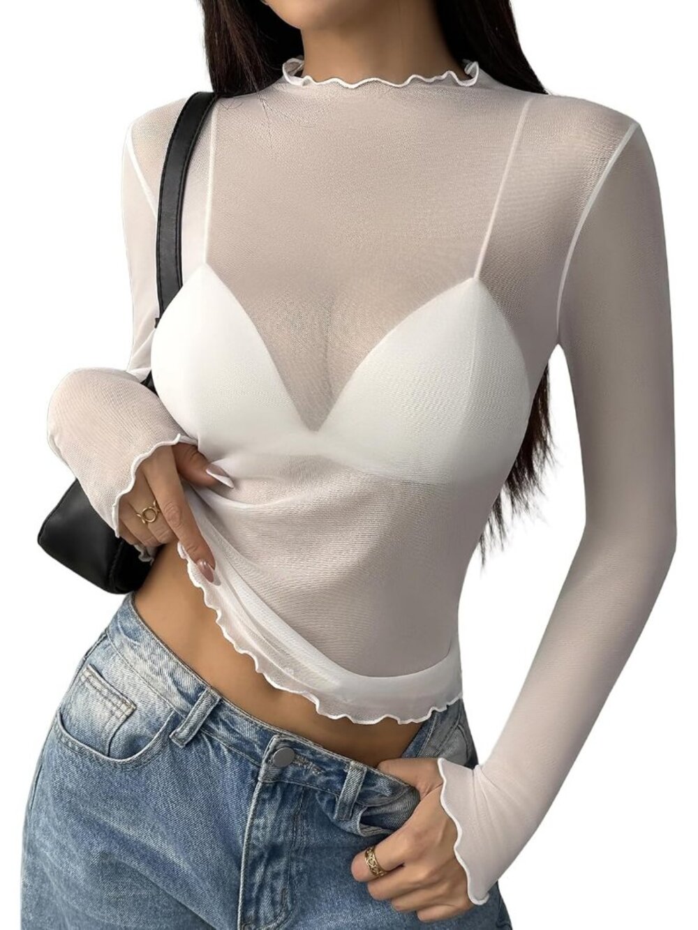Women Sheer Mesh Long Sleeve Mock Neck Top Sexy Clubwear Blouse S-XXL-White